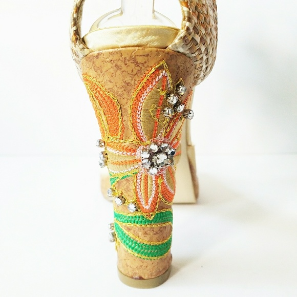 Satin Jeweled Flower Embellished Cork Heels - Picture 6 of 7